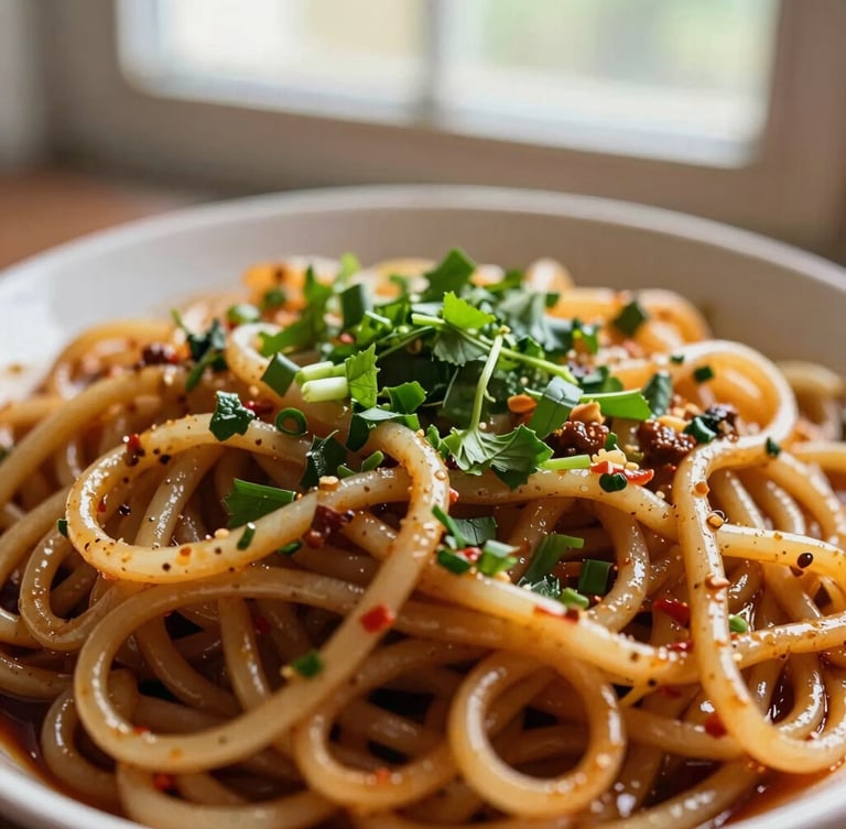 Overhead shot of freshly prepared local noodle dish with vibrant herbs, natural afternoon window light, rich saturated tones, shallow depth of field, 35mm