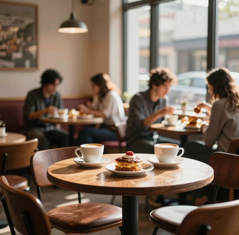 A cozy café interior with warm lighting, comfortable seating, and a few blurred patrons enjoying coffee and snacks, seen from a slightly elevated angle, natural afternoon sun filtering through windows.