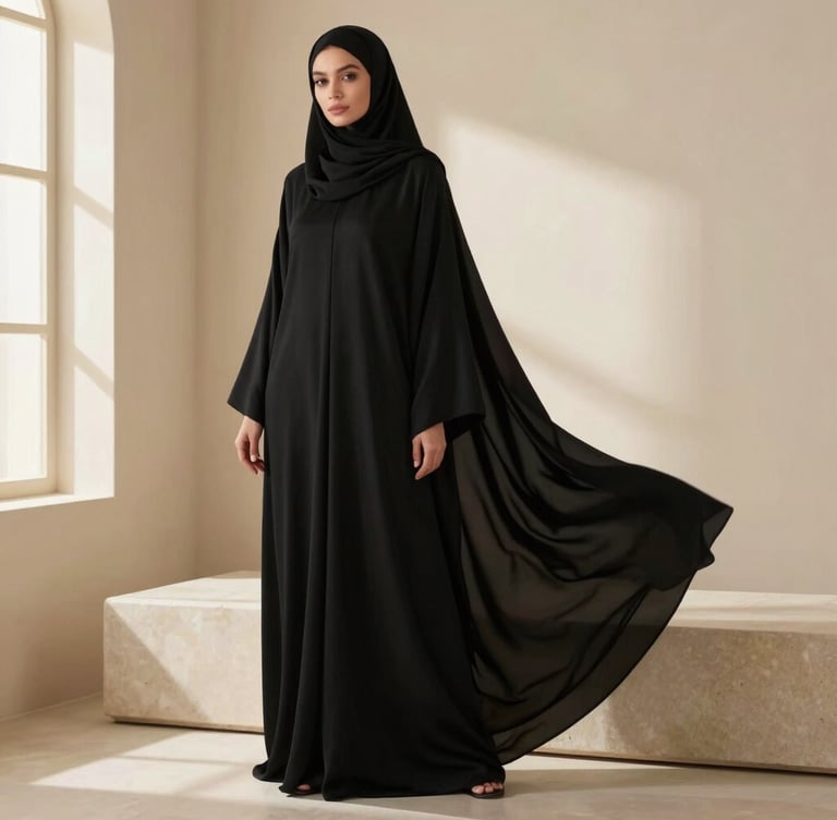 Warm editorial fashion photography, full-length photo of a black flowing abaya draped over a minimalist stone plinth, soft golden sunlight streaming from a side window, high-end studio styling