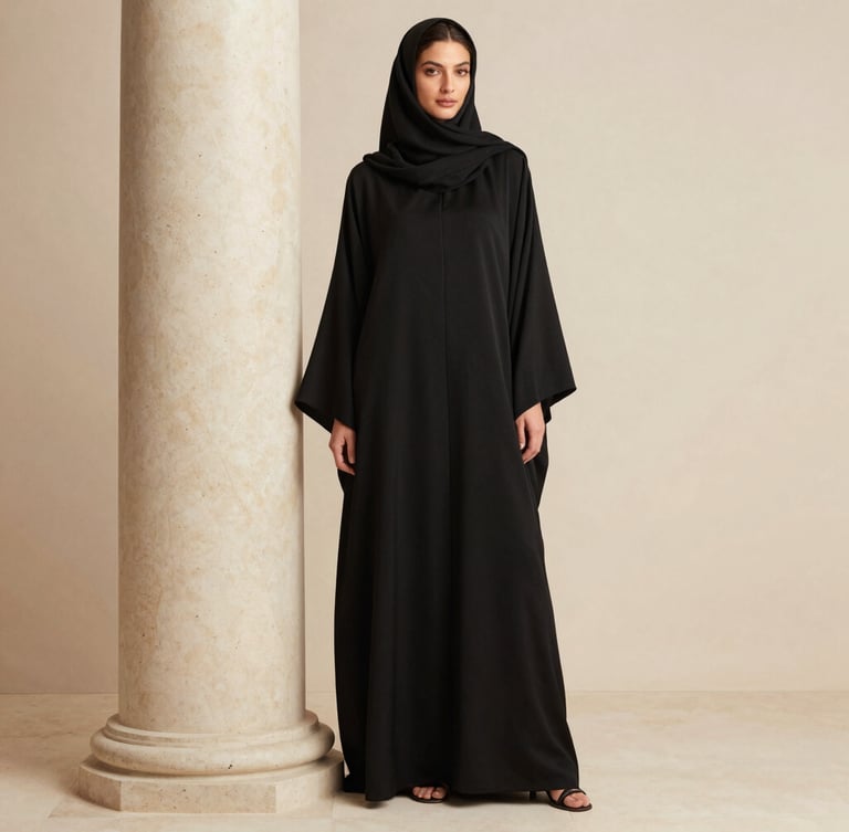 Warm editorial fashion photography, bright soft studio light, a model in a structured black luxury abaya standing next to a travertine column, minimalist neutral tones, medium format, shallow depth of field