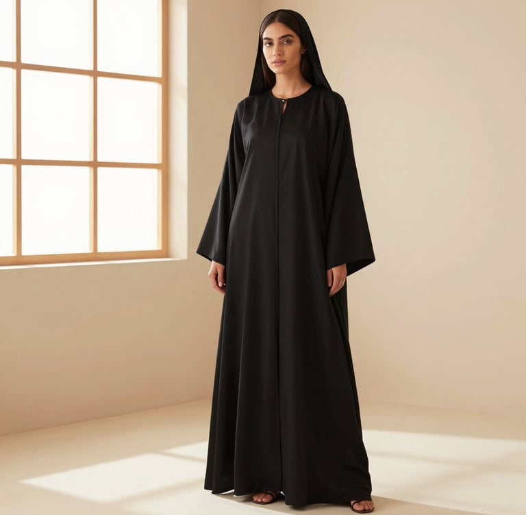 Full-length editorial crop of a model wearing a structured black luxury abaya in a bright, warm-toned minimalist studio with soft golden-hour window light, high-end fashion photography style.