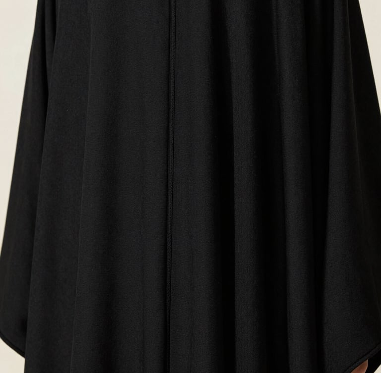 Medium-close detail shot of a black abaya seam and the rich texture of heavy crepe fabric under warm natural light, emphasizing the premium quality.