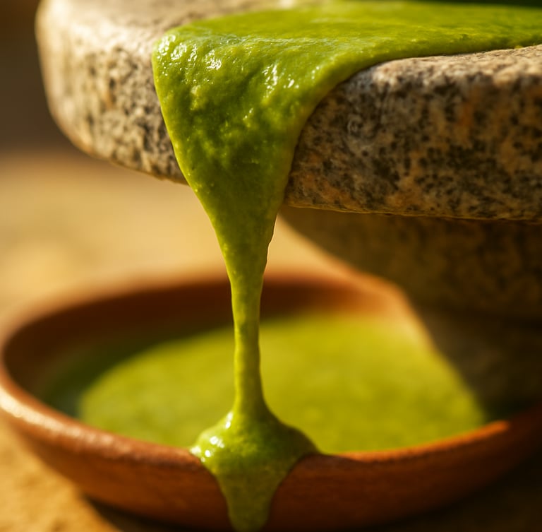 Macro close-up of vibrant green stone-ground pistachio paste dripping slowly from a granite millstone, bright warm Mediterranean sunlight, shallow depth of field.