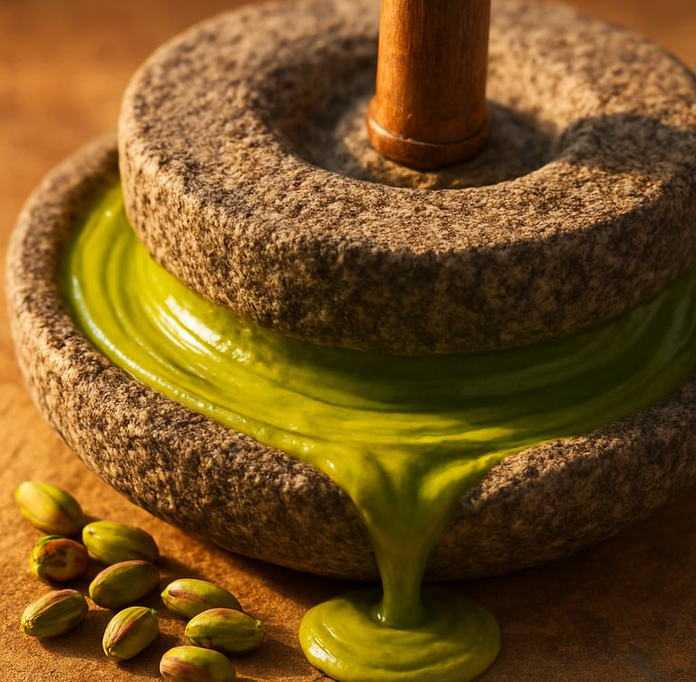 Close-up of a traditional granite stone mill grinding vibrant green pistachios into a smooth, glossy cream, warm golden hour lighting, rich textures.