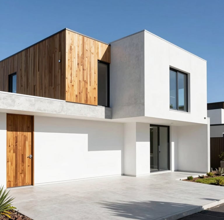 Modern residential exterior under bright South Australian sun, sharp structural lines, concrete and timber facade, crisp shadows, wide-angle environmental shot