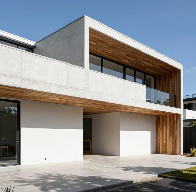 Wide-angle architectural photograph of a modern concrete and timber home facade under bright Adelaide sun, sharp structural lines, high-contrast shadows.
