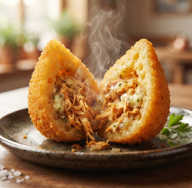 Extreme close-up of a golden-brown coxinha cut open showing steam rising from a generous, moist shredded chicken filling, soft morning window light, high-end culinary photography