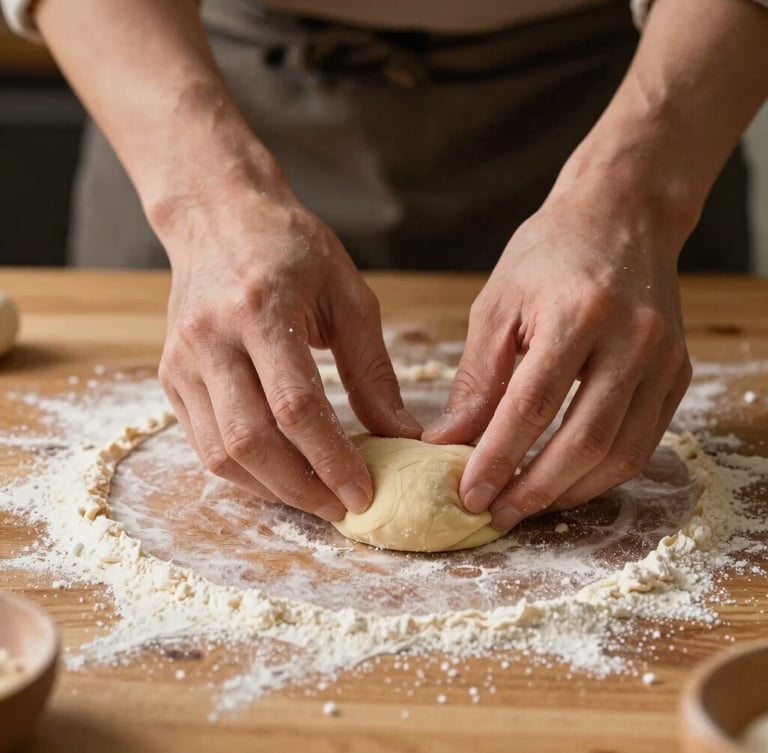 Hands of an artisanal cook gently shaping a delicate dough on a flour-dusted wooden table, warm side-lighting, rustic and elegant kitchen setting