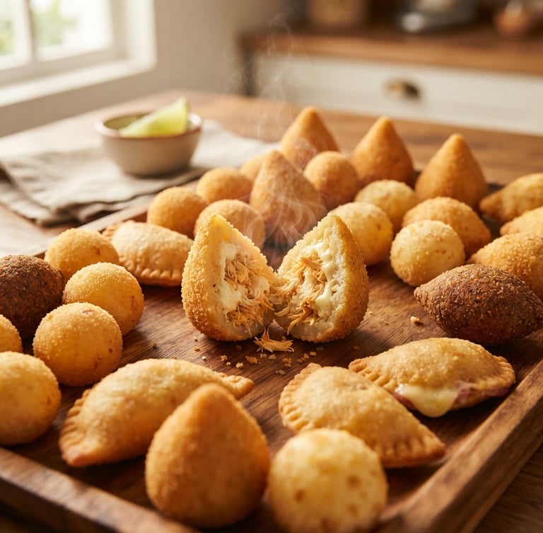 Portrait framing, warm natural side-light from a nearby window. A beautifully styled wooden tray filled with premium golden-brown Brazilian savories, featuring a single coxinha cut open showing steam and shredded chicken filling, shallow depth of field.
