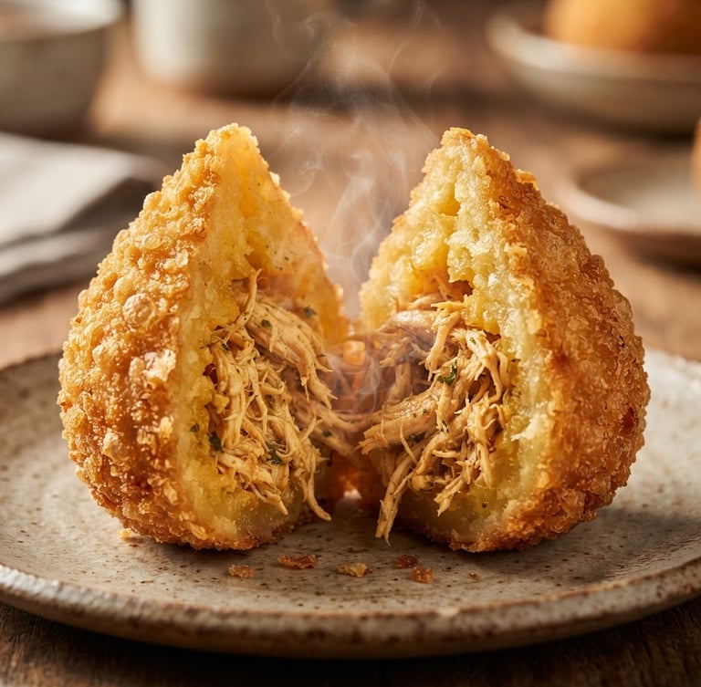 Extreme close-up of a golden-brown coxinha cut open, revealing steaming shredded chicken filling, crispy texture, warm natural side-light