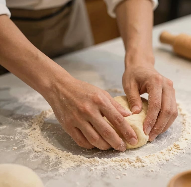 Hands of an artisanal baker gently shaping dough on a marble counter dusted with flour, warm side-light, authentic culinary environment