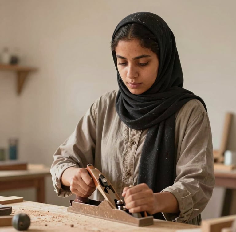 Dignified portrait of Aisha, a young woman, actively engaged in carpentry, focused on her work, holding a hand plane. Natural daylight, warm organic tones, 35mm lens, medium shot capturing her agency and pride.