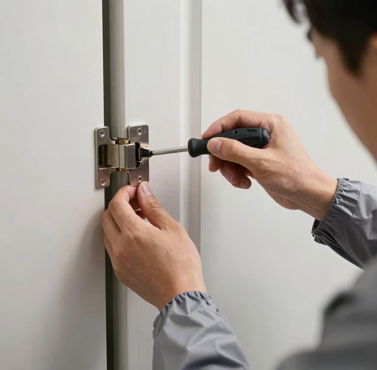 A technician wearing a clean slate gray uniform adjusting a modern door hinge with a precision screwdriver, natural daylight