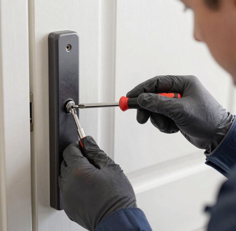Tight macro shot of a professional technician in clean dark gray gear using a precise screwdriver on a modern door lock, bright natural daylight, sharp focus on the tool