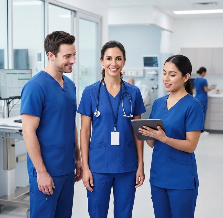 Bright commercial product photography of a professional medical team wearing royal blue fluid-resistant uniforms in a clean modern clinic, studio lighting, sharp focus on fabric texture, 50mm lens