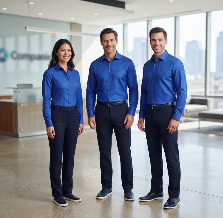 Bright commercial product photography, clean studio lighting, a professional team of three workers wearing matching royal blue corporate uniforms in a modern office lobby, sharp focus on fabric texture, professional corporate colors, 50mm lens