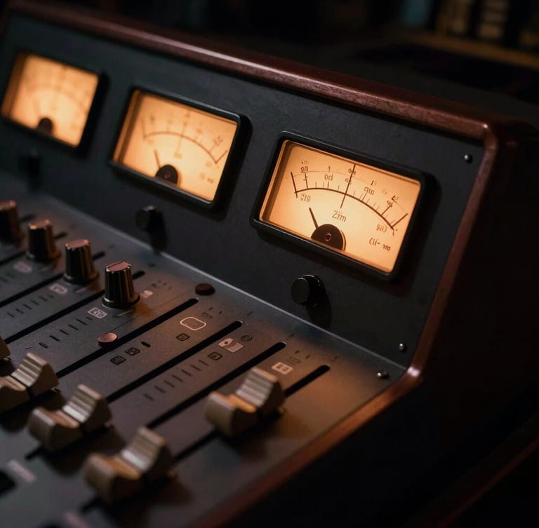 Close-up of a high-end analog audio console with glowing warm meters, low-key gold and copper lighting, deep shadows, elegant cinematic atmosphere, 35mm
