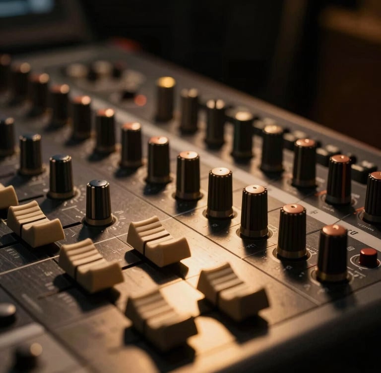 Low-key cinematic shot of high-end analog mixing console knobs, warm gold light reflecting on brushed metal, dark moody studio atmosphere