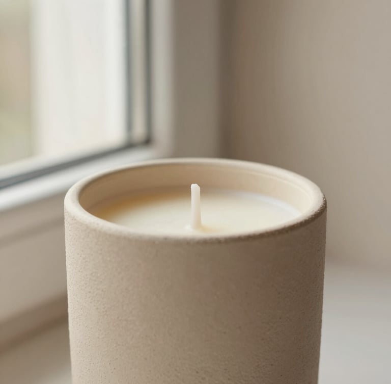 Close-up of hand-poured soy wax candle in a textured beige EcoResin vessel, soft morning window light, warm plaster background, 35mm photography