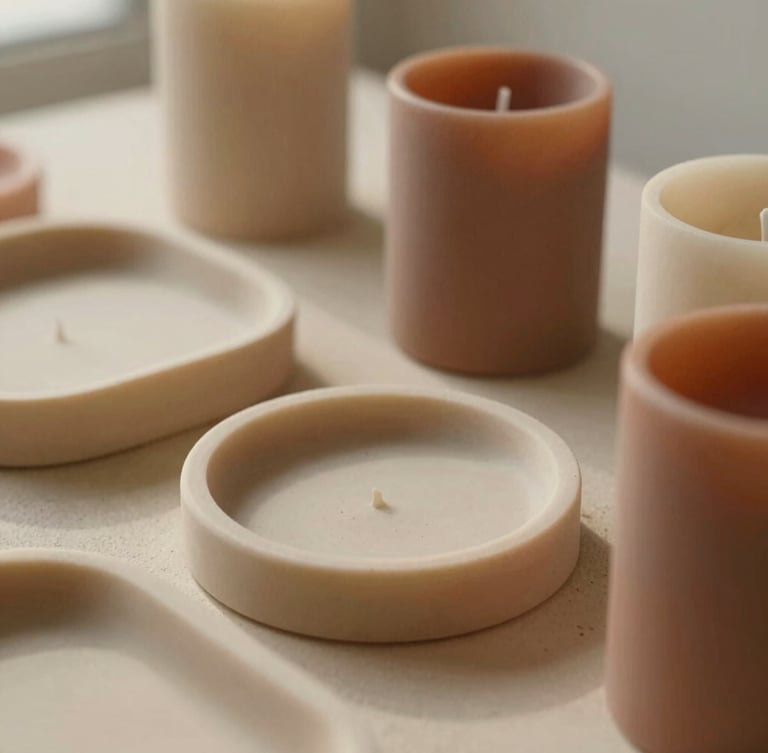 Close-up of cured EcoResin trays and candle vessels in soft beige and terracotta tones, casting gentle shadows on a sandy plaster surface