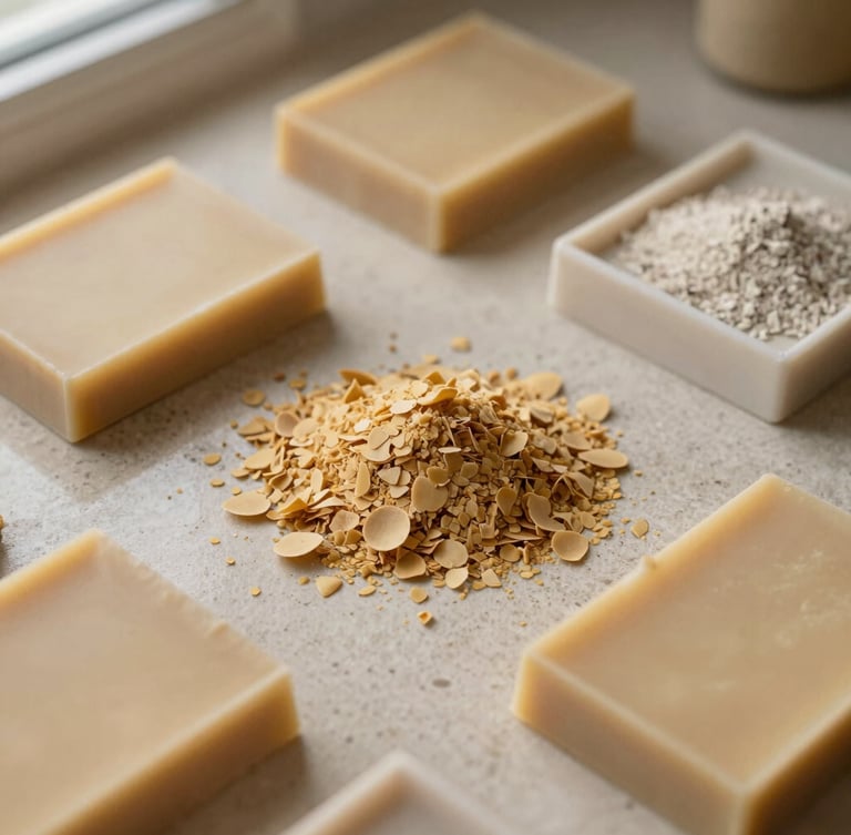 Overhead flat lay of raw soy wax flakes, mineral pigments, and cured EcoResin trays on a stone counter, diffused morning light, warm earth tones, 35mm