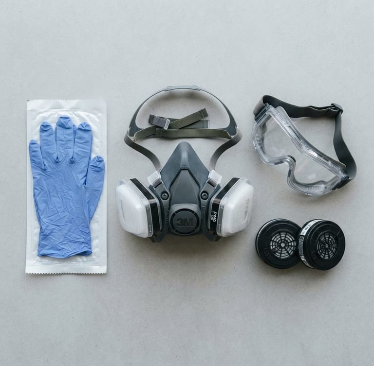 Flat-lay of professional safety gear, including a modern half-mask respirator with dual filters, nitrile gloves, and clear safety goggles, laid out on a clean light gray surface, bright overcast natural light.
