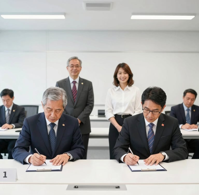 Official signing of partnership between Indonesian agency and Japanese representatives in a bright, modern corporate room, professional atmosphere, natural daylight
