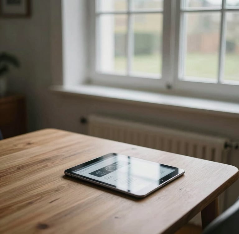 A calm UK home interior, soft natural daylight filtering through a window, a clean wooden table with a digital tablet showing a secure interface, 35mm editorial photography.