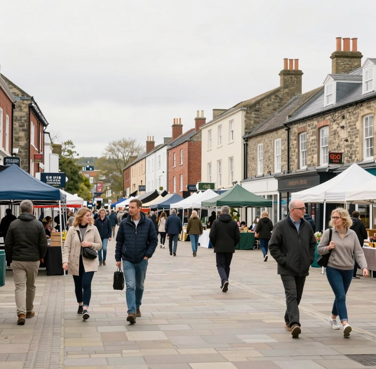 A wide environmental shot of a diverse UK community market, people walking and talking in a calm, historic town square, soft overcast daylight, 35mm