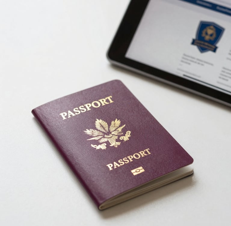 Close-up of a clean, organized desk with a passport, a tablet showing a secure official portal, soft natural daylight, 35mm.