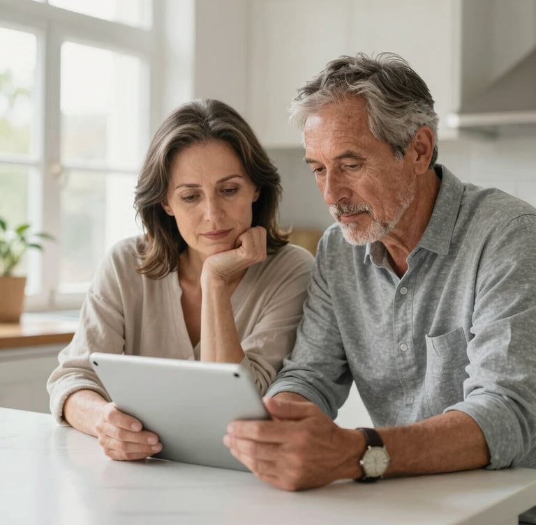 Authentic editorial photography of a mature UK couple sitting in a bright, sunlit kitchen, looking at a tablet with expressions of relief and calm, soft natural daylight, 35mm
