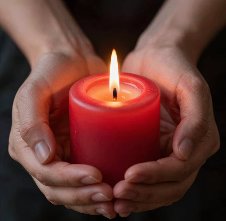 Close-up macro shot of hands gently holding a burning red candle, warm candlelight illuminating soft-focus fingers, dark background