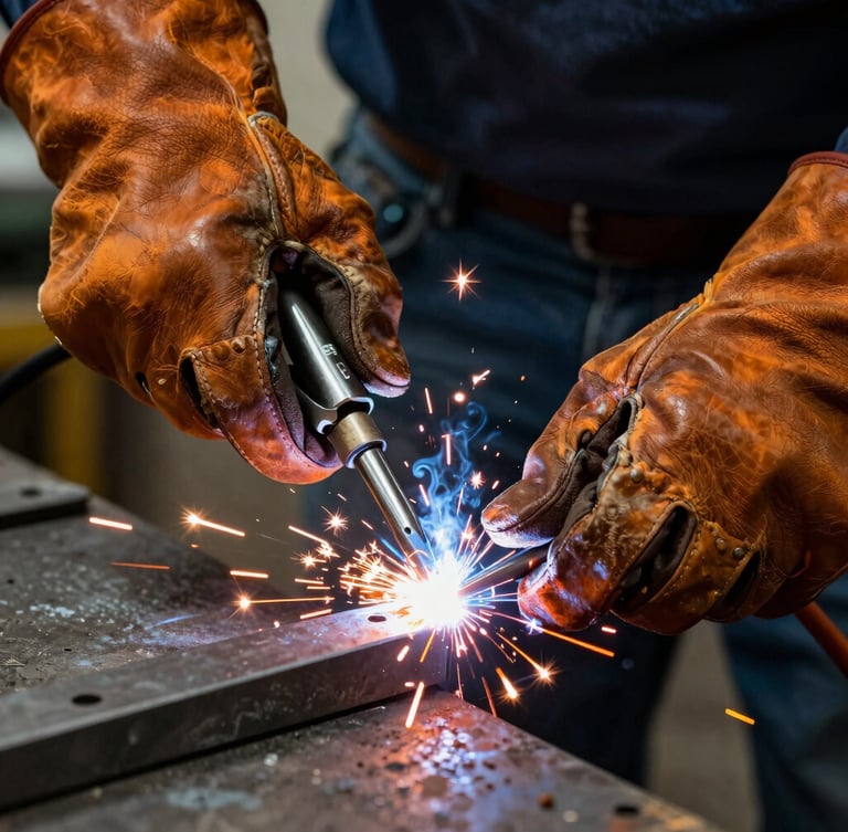 Primer plano de manos protegidas por guantes de cuero realizando una soldadura de arco, chispas brillantes de color naranja saliendo del metal bajo luz directa de taller.