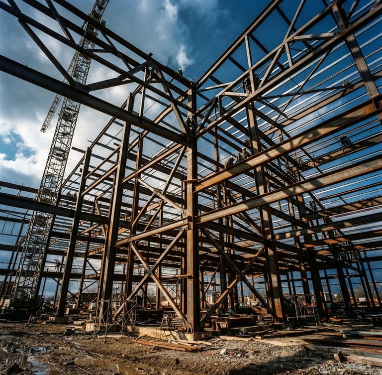 Low-angle architectural photograph of a massive structural steel warehouse skeleton under construction, dramatic shadows, natural daylight cutting through heavy steel beams, 35mm