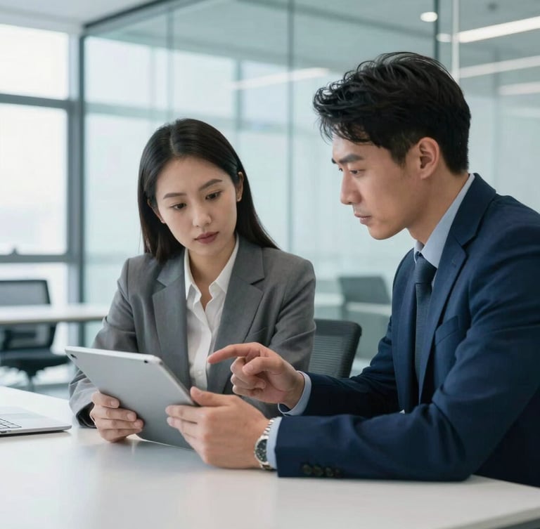 A collaborative strategy session in a modern bright glass office, two professionals analyzing financial data on a tablet screen, cool blue tones, sharp focus, 35mm lens