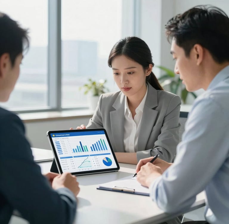 A modern corporate office meeting room, two professionals looking at a clean financial dashboard on a tablet screen, bright natural daylight, cool blue tones, sharp focus, 35mm lens