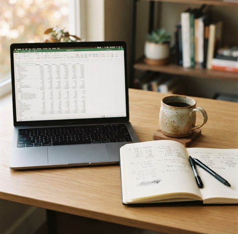 A clean wooden desk with a laptop showing a spreadsheet of earnings, a ceramic coffee mug next to a notebook with handwritten calculations, soft morning light, 35mm