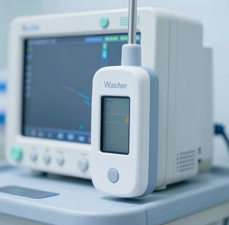 Close-up of the physical ICU Watcher clip-on hardware device attached to a standard hospital multipara monitor, clean clinical setting, bright sterile studio lighting, high-contrast clinical blue tones, sharp focus macro, 50mm