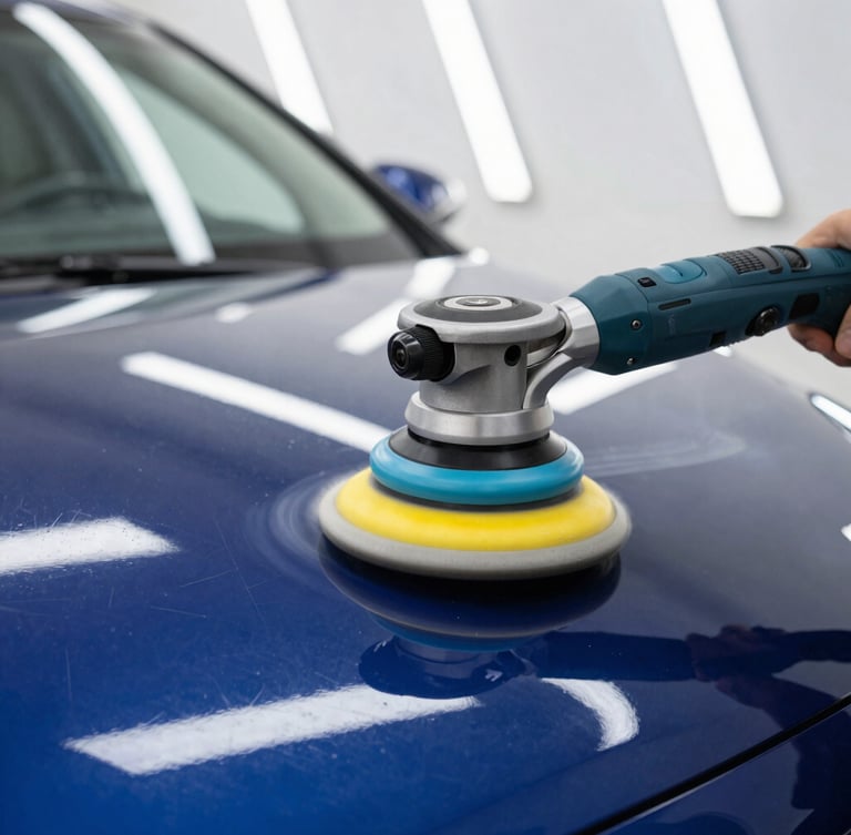 Close-up of a dual-action polisher glide over a deep blue car hood, bright overhead LED strip reflections showing a flawless, swirl-free finish, high-contrast sharp photography.