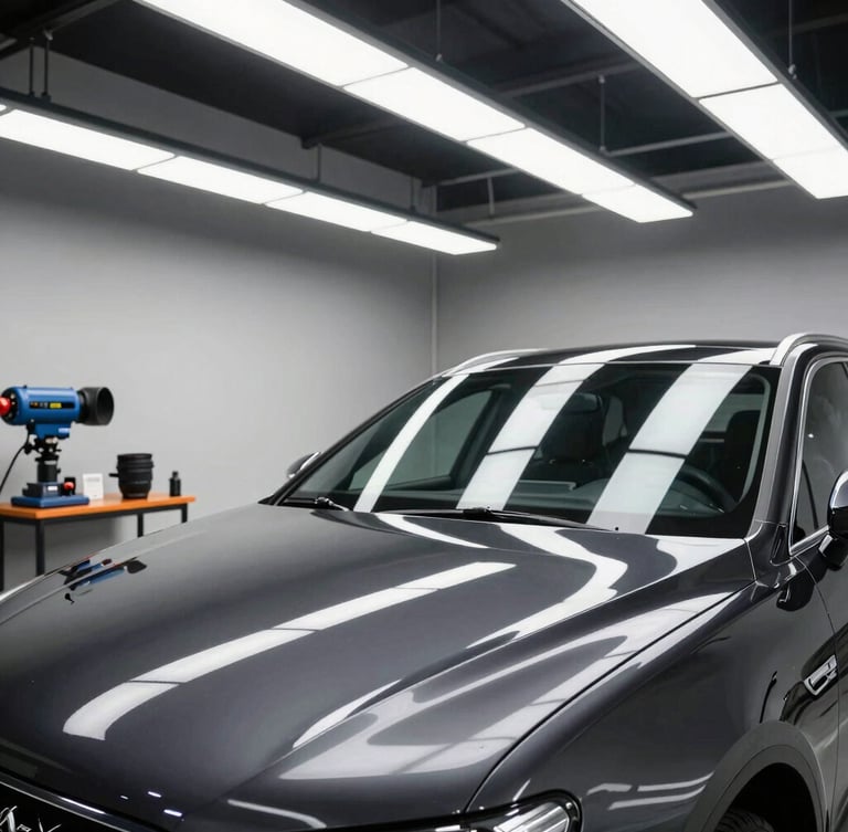 A high-resolution, bright overhead LED shot of our clean garage bay setup in Nampa, showing professional detailing equipment and a flawless dark vehicle reflecting the overhead light bars.