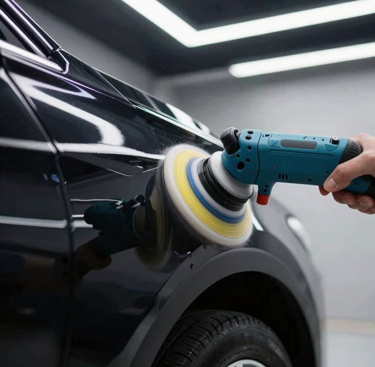 Extreme close-up of a dual-action polisher being guided across a flawlessly corrected black car fender, bright overhead LED strip reflections, sharp automotive photography