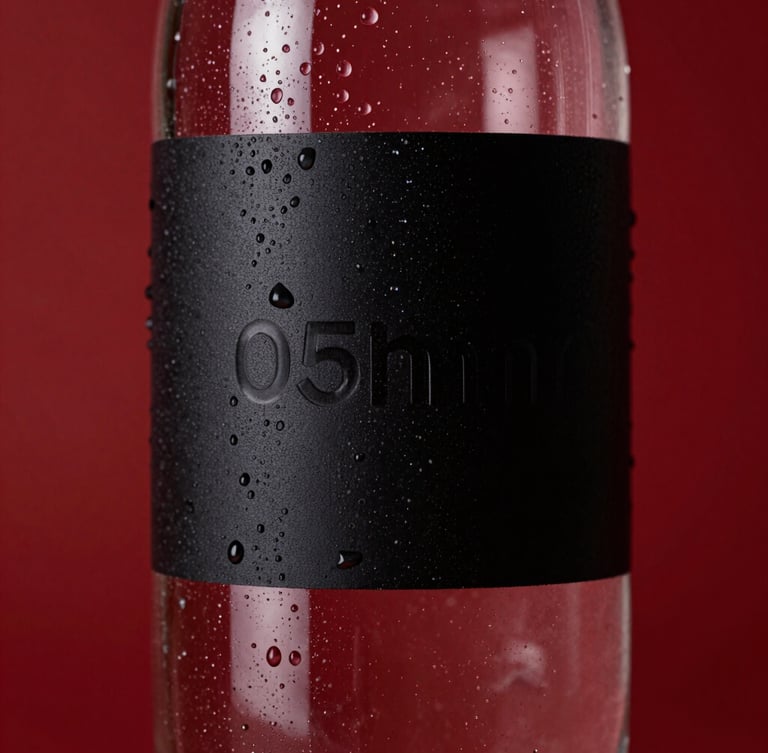 Macro close-up of premium glass water bottle with custom embossed black label, crisp condensation droplets, dramatic low-key red studio lighting, 85mm