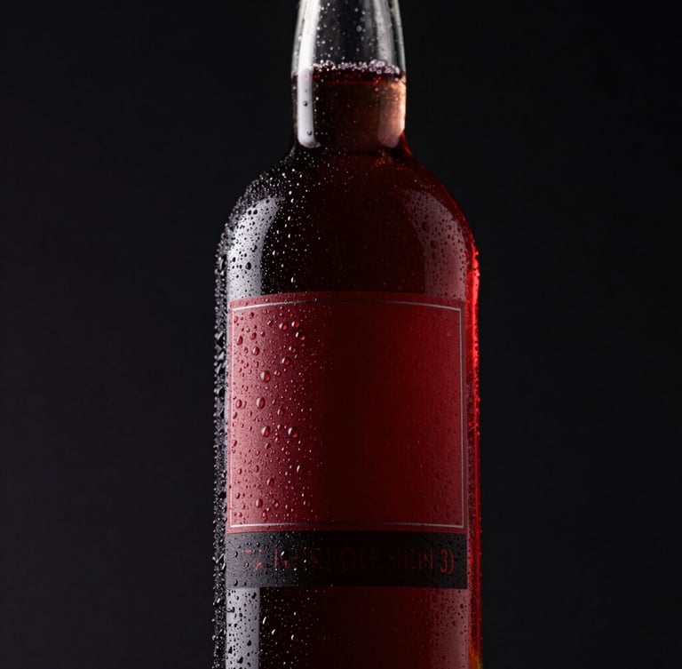 Low-angle heroic product shot of a sleek, condensation-covered custom glass bottle with a dark crimson label, dramatic studio lighting, deep shadows, 85mm.