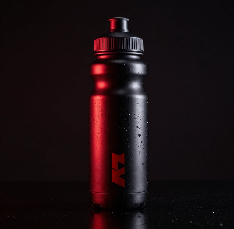 Low-angle heroic product shot of a sleek custom-branded water bottle on a black reflective surface, deep red highlights, sharp studio lighting.