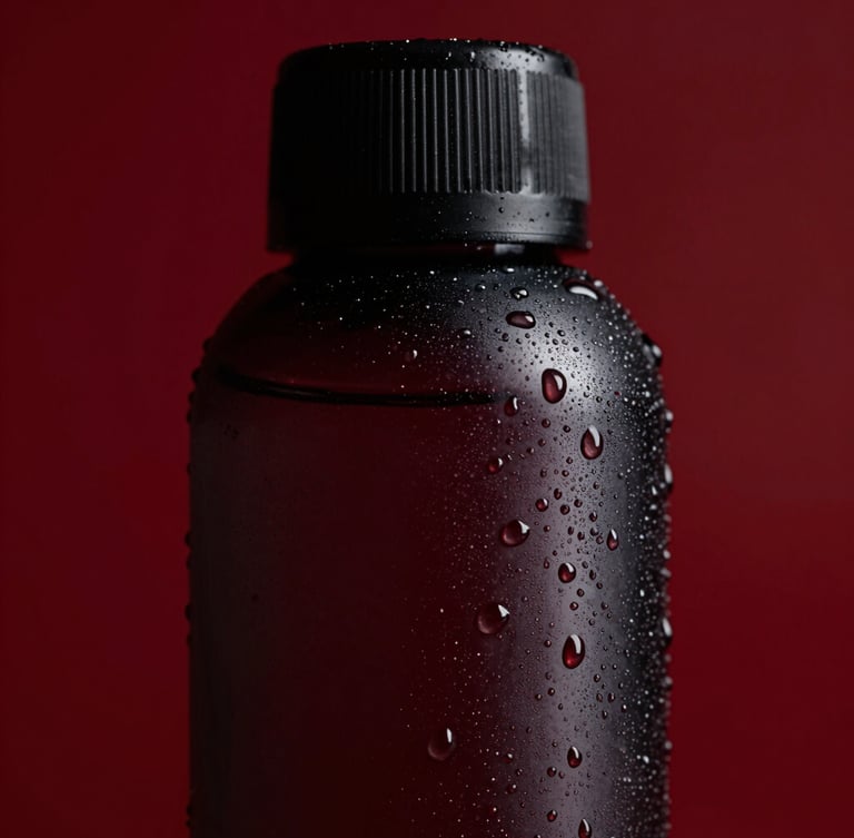Macro close-up of a premium Drip Water bottle, sharp condensation droplets reflecting studio light, deep crimson background, 85mm portrait
