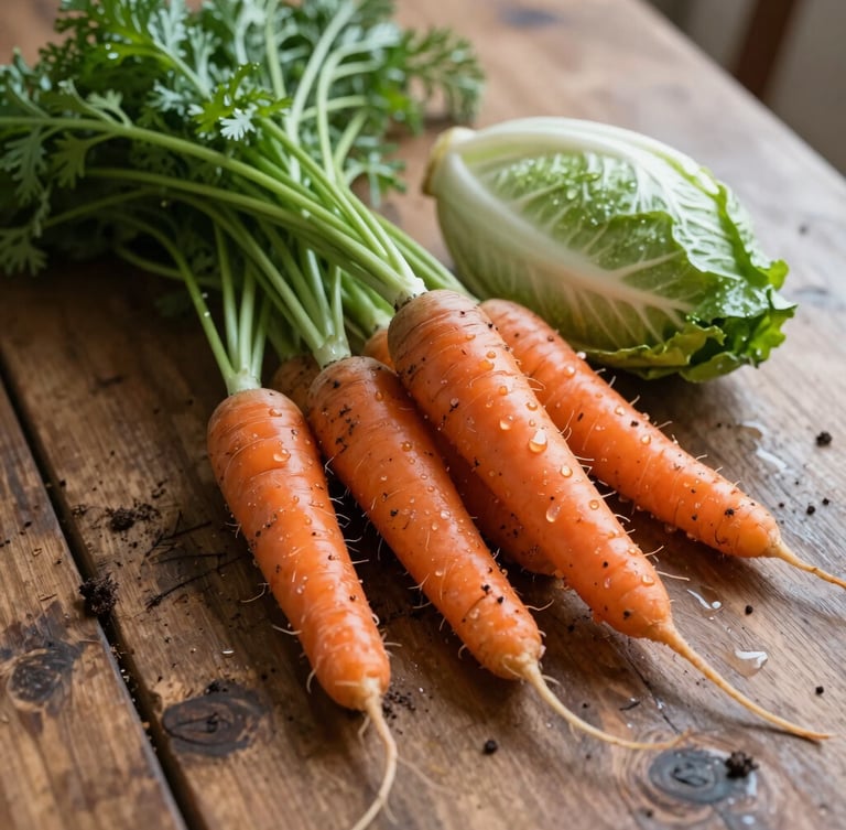 Wide-angle, natural-light shot of freshly harvested heirloom carrots and chicory on a rustic wooden table, soft Scandinavian morning light from the side, rich textures of soil and water droplets.