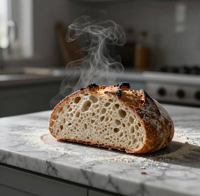 Tactile macro shot of a sourdough loaf sliced open on a floured marble pastry counter, soft natural side-lighting, steam rising, moody Scandinavian kitchen atmosphere.