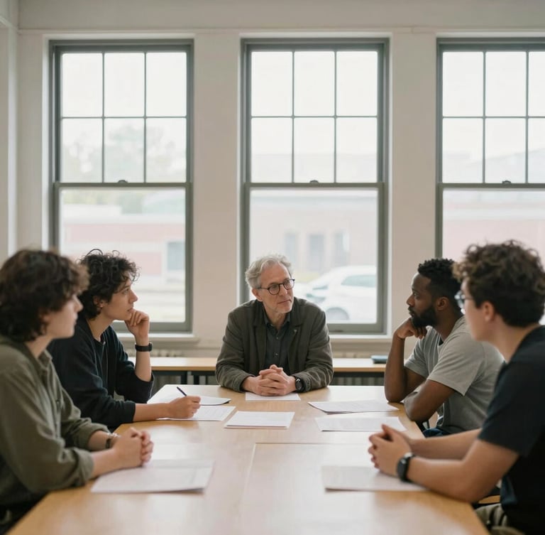 Naturally lit community workshop space in Indianapolis, researchers and local leaders in unposed discussion around a table with papers, soft window light, muted organic tones, 35mm lens