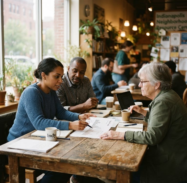 Naturally lit community space in Indianapolis, researchers and local organizers collaborating around a wooden table with data charts, warm diffused daylight, honest editorial photography, 35mm lens, shallow depth of field