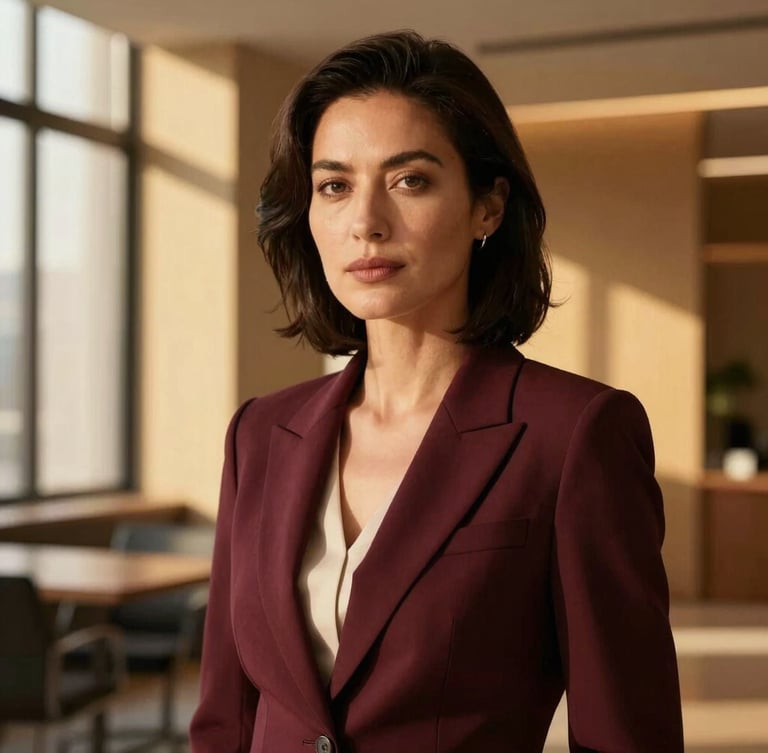 Elegant medium close-up of a confident female executive in a modern architectural workspace, warm directional window light, rich burgundy tones, 35mm